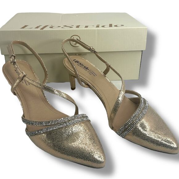 Lifestride Metallic Pointy Toe Heels 9.5 Rhinestone Buckle Arlo 2 Slingback Pump - Picture 6 of 11